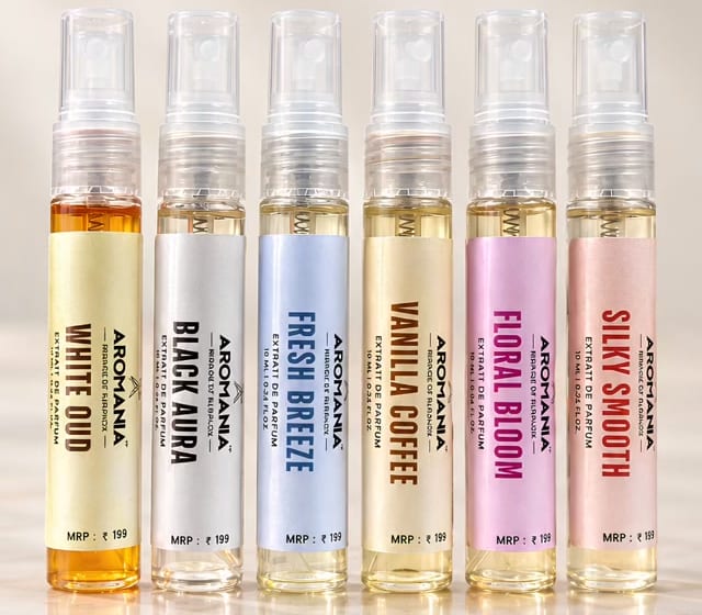 Six Aromania 10 ml testers lined up